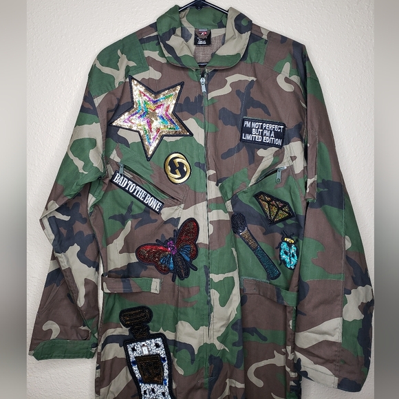 Rothco Womens Camo Bling Patchwork Flight Suit Jumpsuit Size S Y2K Retro - Picture 4 of 17